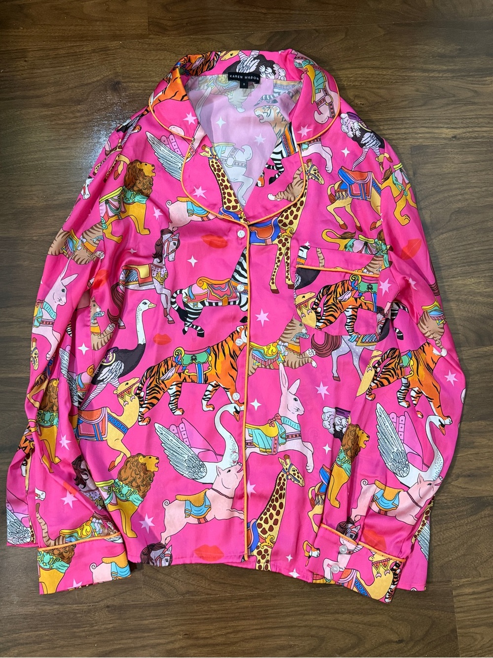 Karen Mabon Silky Satin Pajama Set Pink Animals Carousel - Picture 6 of 9